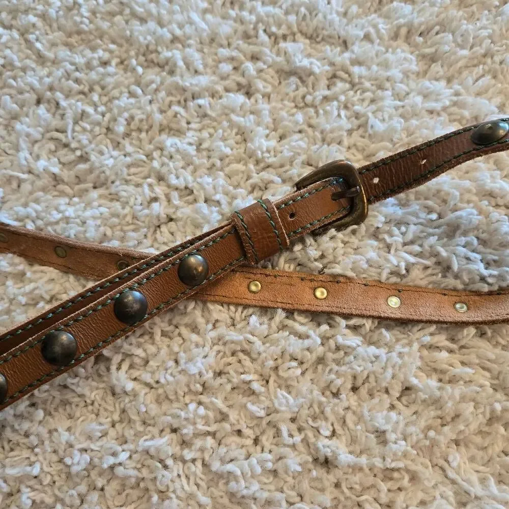 Vintage Leather Skinny Belt Big Rivets Brown Large